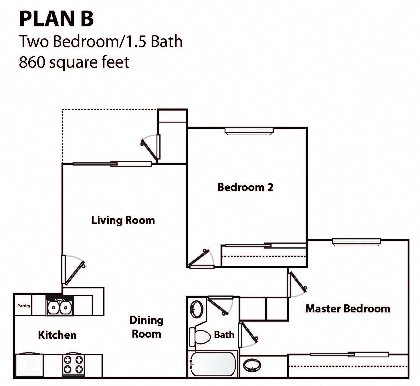 Floor plan for 2 beds, 1.5 baths, 860 sqft